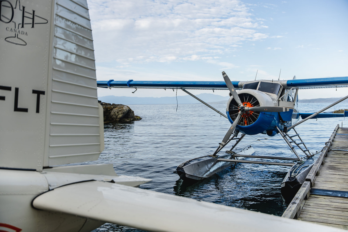 A blue and white de Havilland Beaver floatplane tied to a wooden dock on calm water, propeller and floats visible.