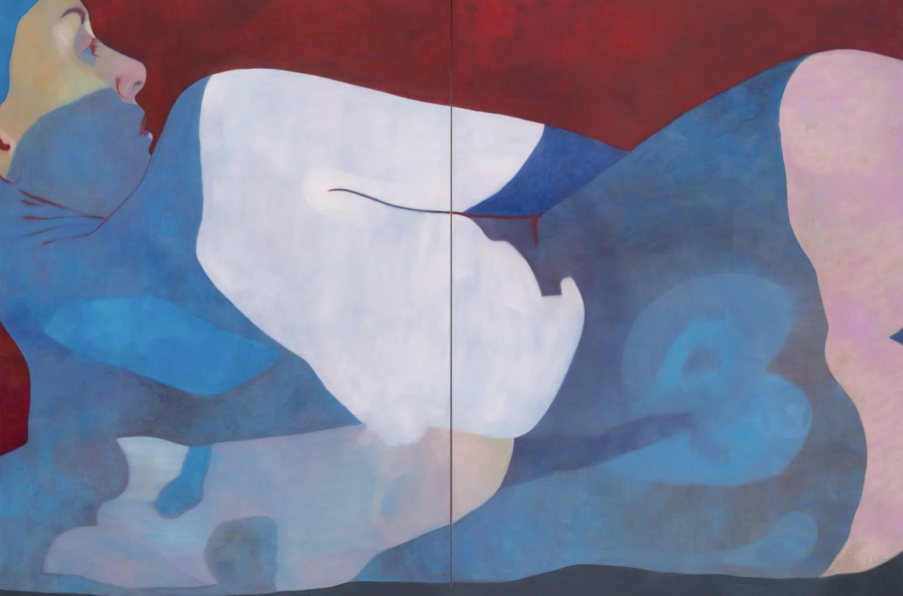 Large two-panel painting of a reclining figure in blues and white with red at the edges.