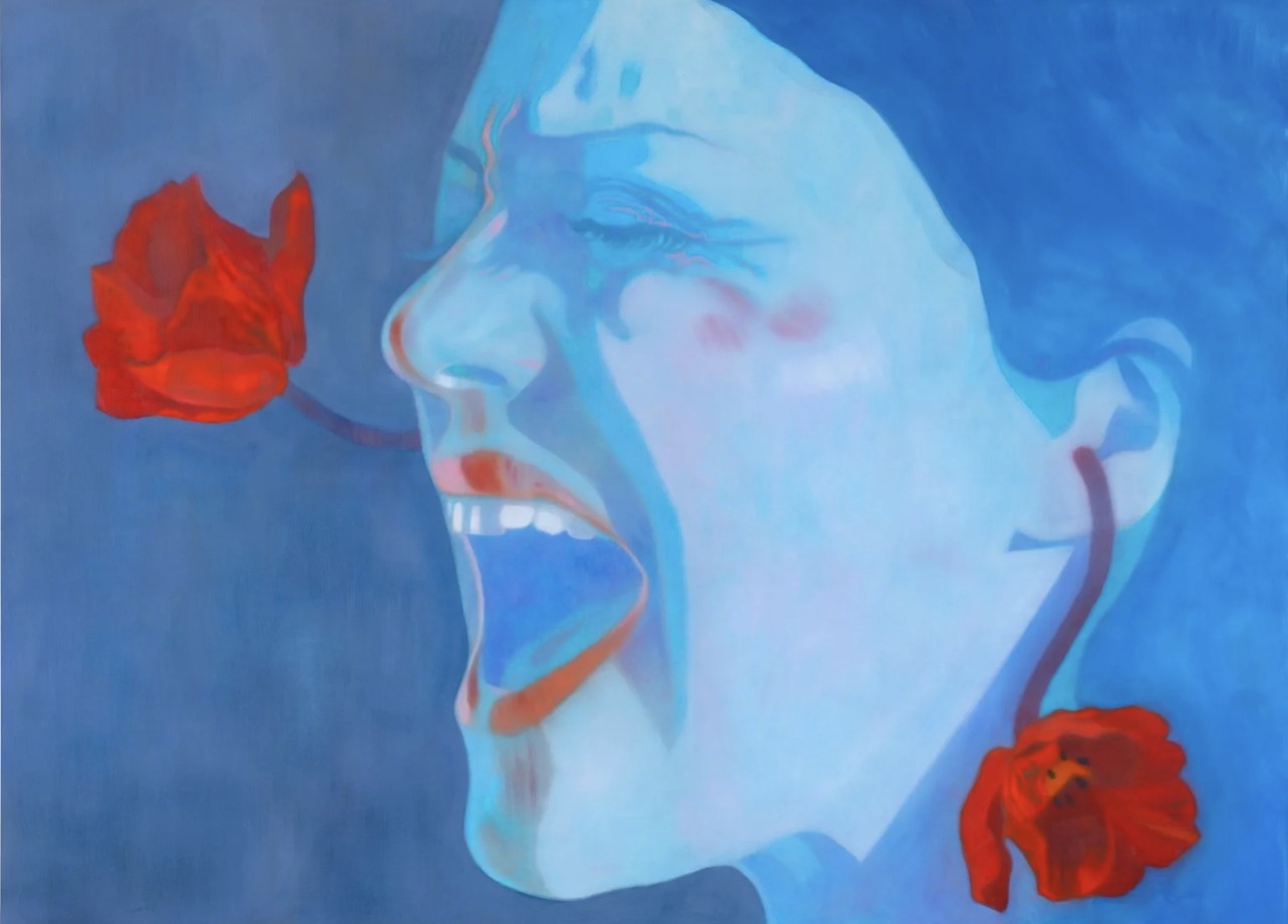 Painting of a woman's face in profile in blue tones, mouth open, with two red roses.