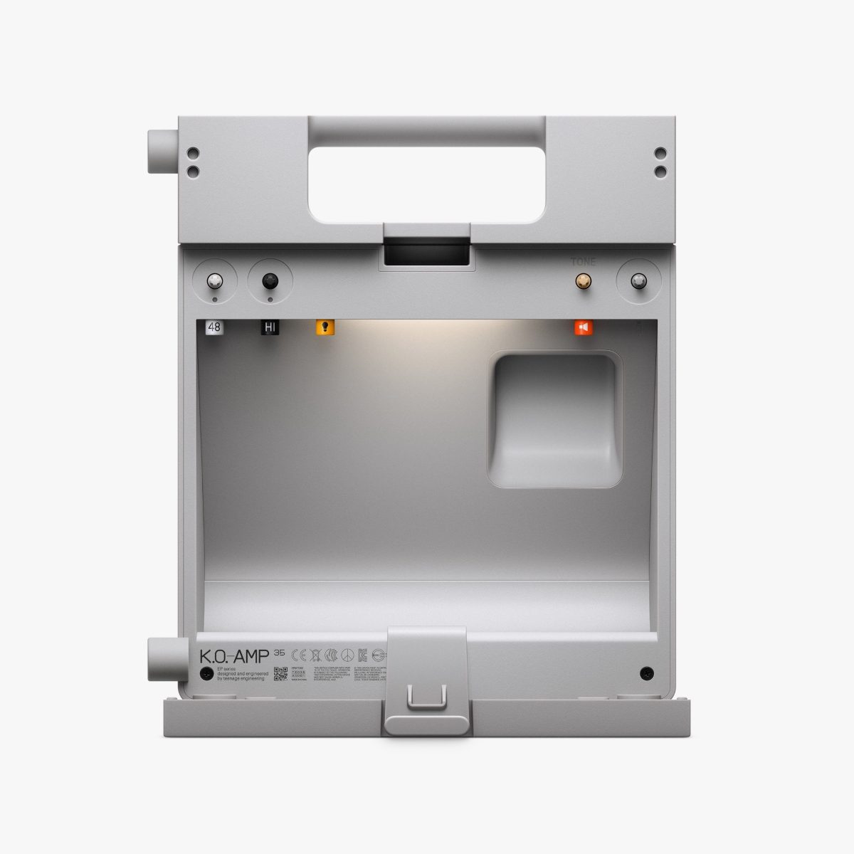 Rear of the Teenage Engineering EP-35 with the storage bay open and the camp light on, showing the K.O. AMP 35 label.