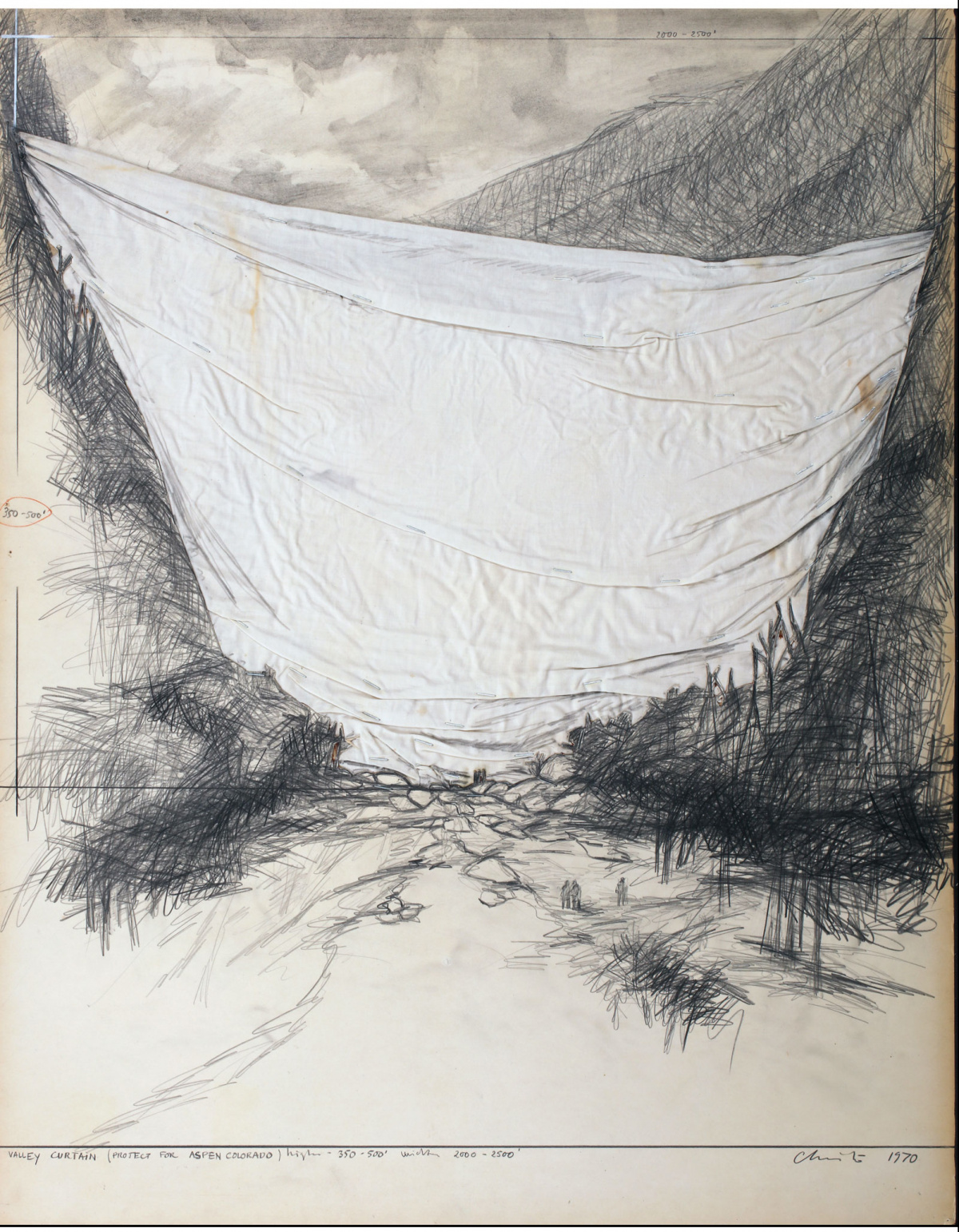 CHRISTO-AND-JEANNE-CLAUDE-Valley-Curtain-(Project-for-Aspen,-Colorado),-1970-Pencil,-fabric,-colored-pencil,-staples-and-charcoal-28-x-22-in-(CJC-011)