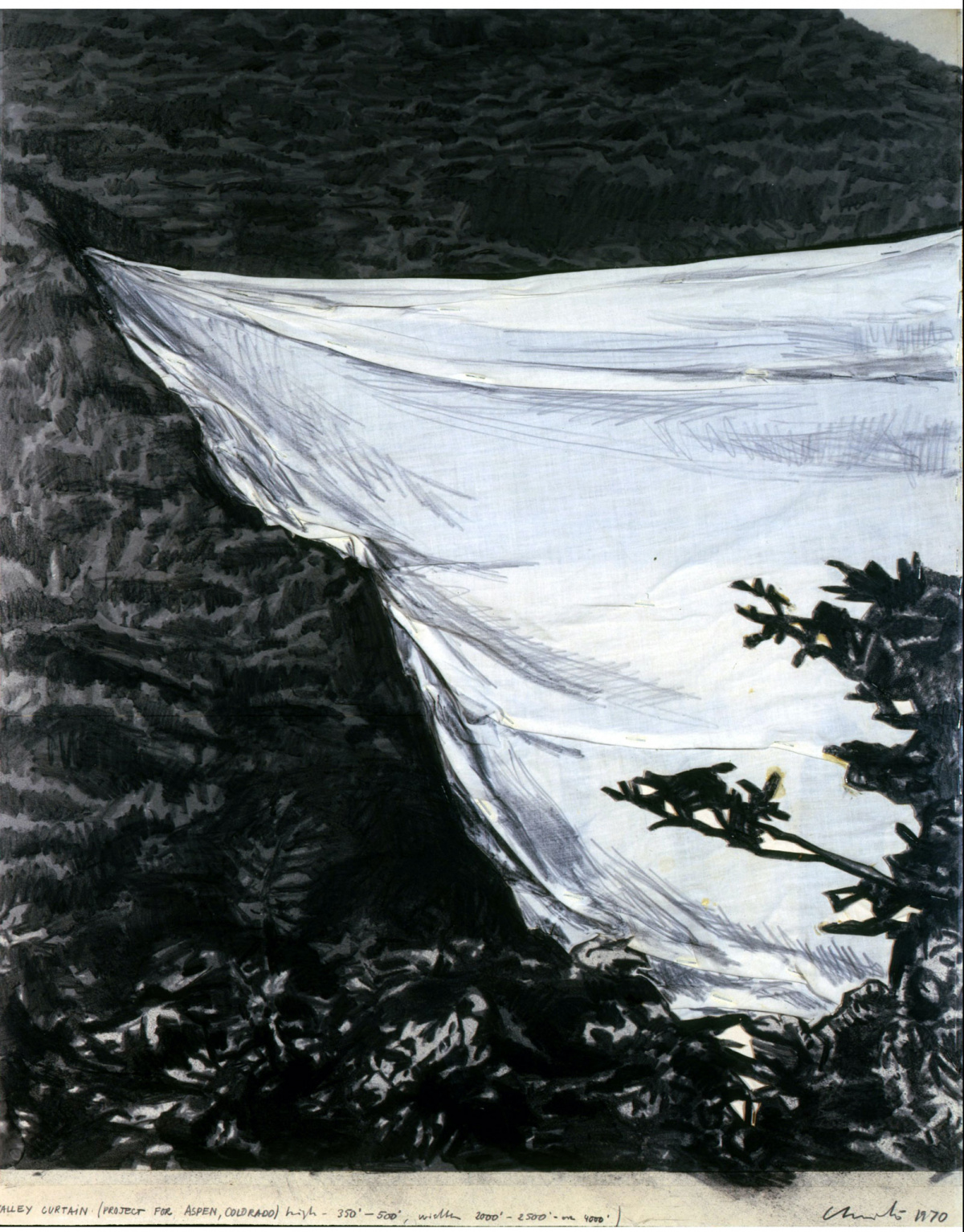 CHRISTO-AND-JEANNE-CLAUDE-Valley-Curtain-(Project-for-Aspen,-Colorado),-1970-Pencil,-fabric,-photostat-and-charcoal-28-x-22-in-(CJC-029)