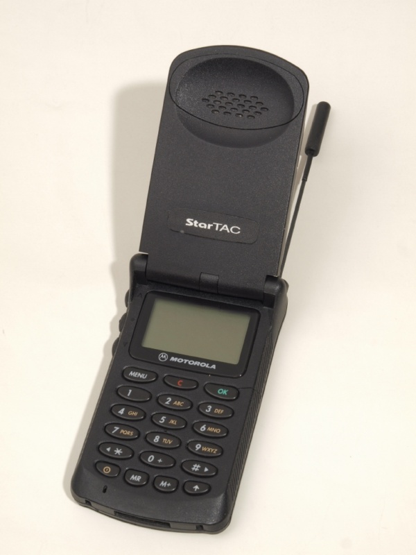 A Motorola StarTac flip phone in black