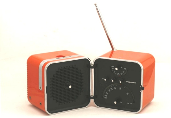 An orange radio with a clamshell design